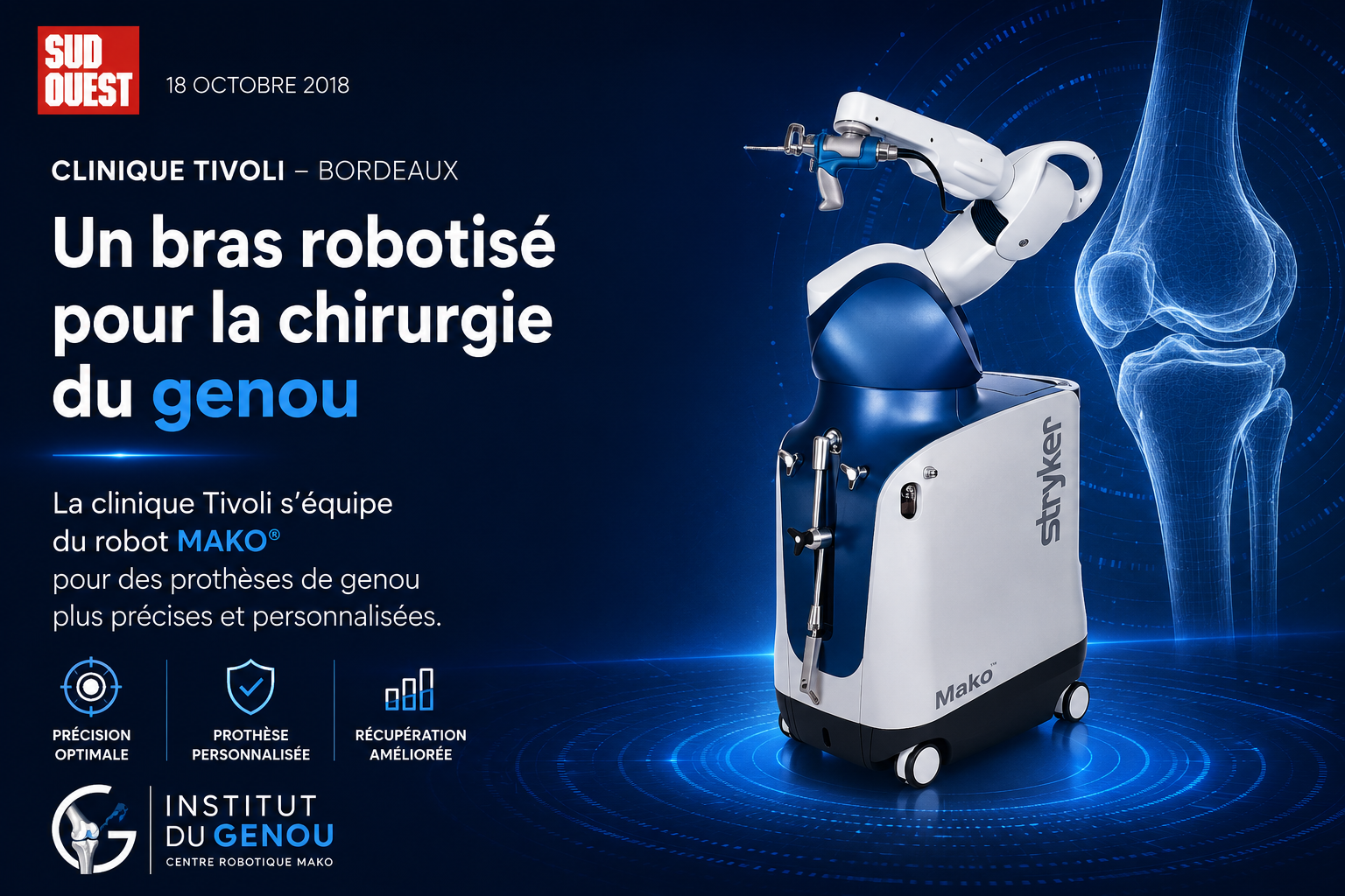 Visuel Sud Ouest du 18 octobre 2018 — bras robotisé MAKO® pour la chirurgie prothétique du genou à la Clinique Tivoli de Bordeaux